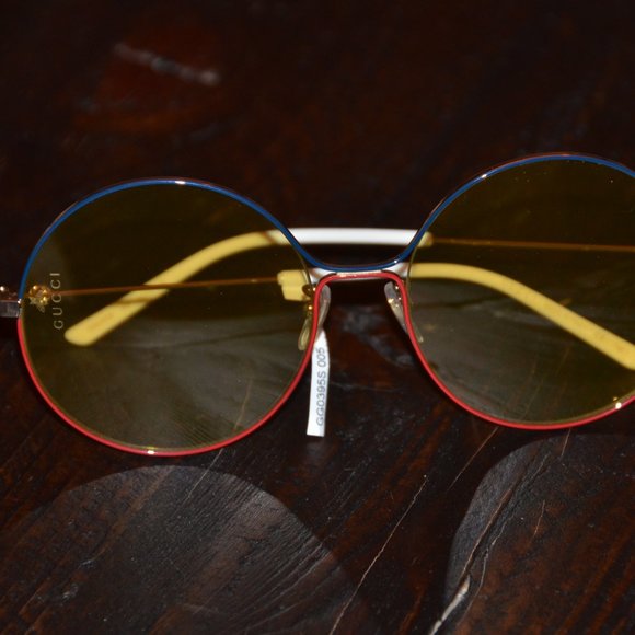 RARE GUCCI YELLOW ROUND GOLD DOUBLE G RED BLUE ITALY OVERSIZED SUNGLASSES GG395S main image 11